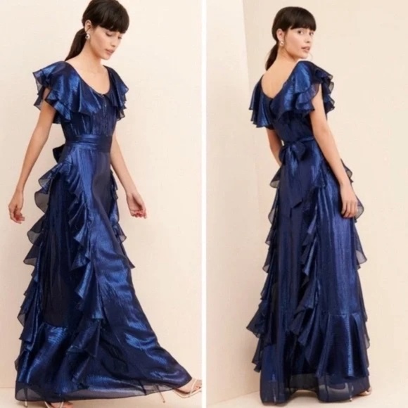 New Alice McCall Night Moves Metallic Sheer Ruffle Maxi Dress Blue 31721 - Picture 1 of 11